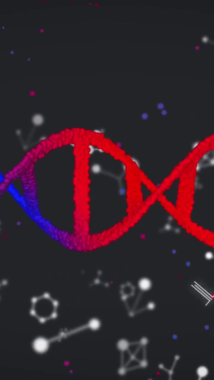Animazione di strutture di DNA, molecolari e chimiche su sfondo nero