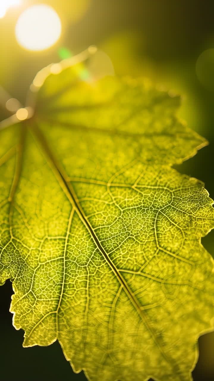 Close-up of a Green Leaf Backlit by Sunlight