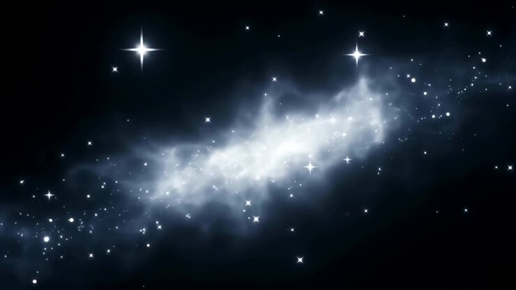 Scena di spazio profondo mostra una fascia di nebulosa luminosa bianco-blu che attraversa un campo stellare diagonale, con un nucleo luminoso concentrato, texture di polvere eterea, scintillio sottile, alone morbido, vuoto oscuro, profondità cosmica cinematografica