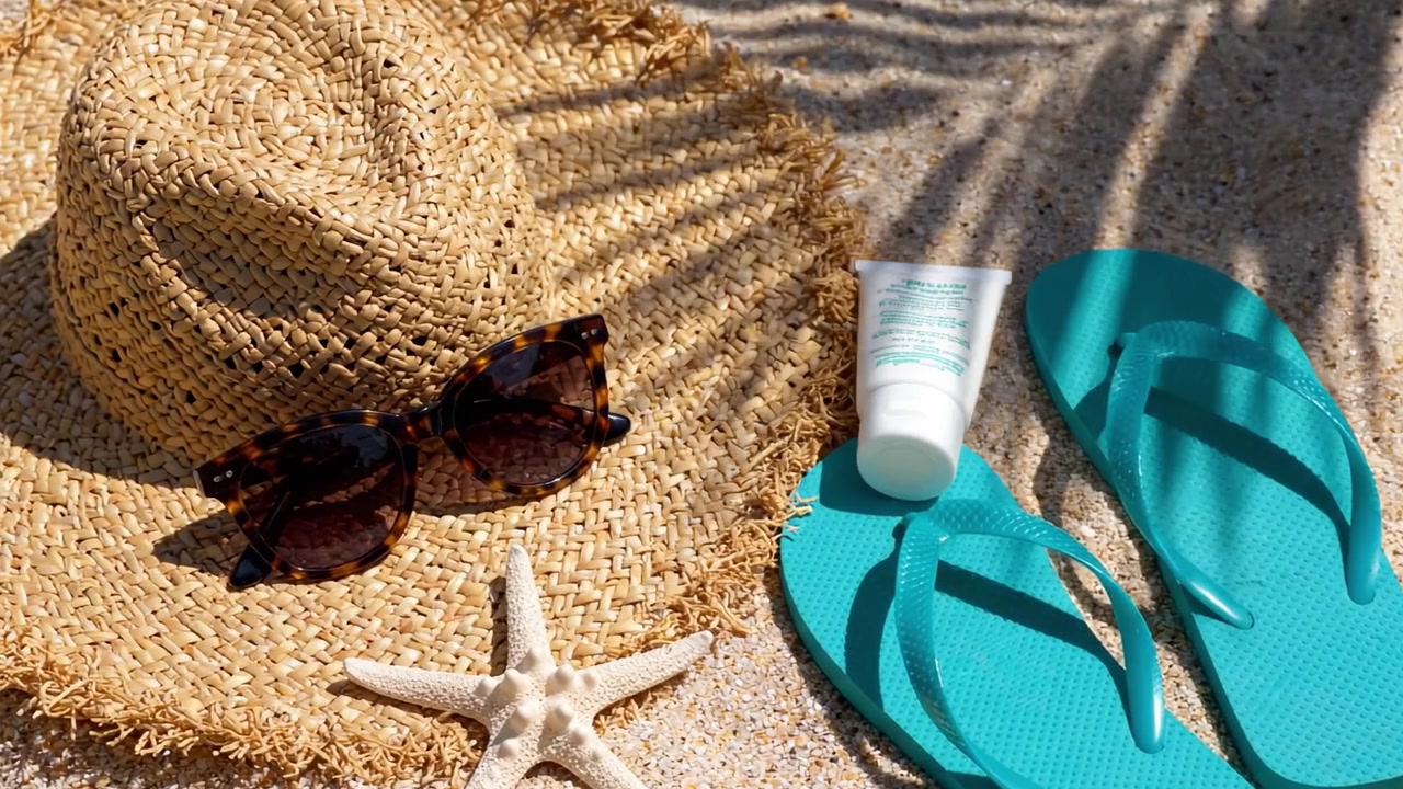 A Vibrant Summer Scene Featuring Flip-Flops, Sunglasses, Sunscreen, and a Straw Hat on Sandy Beach, Perfect for a Relaxing Day Under the Sun