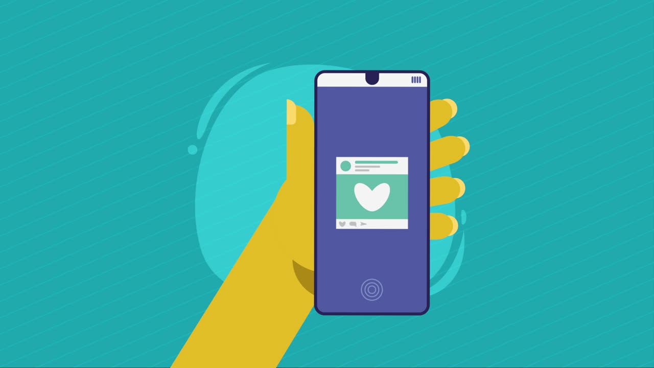mano usando un dispositivo de teléfono inteligente con animación de corazón