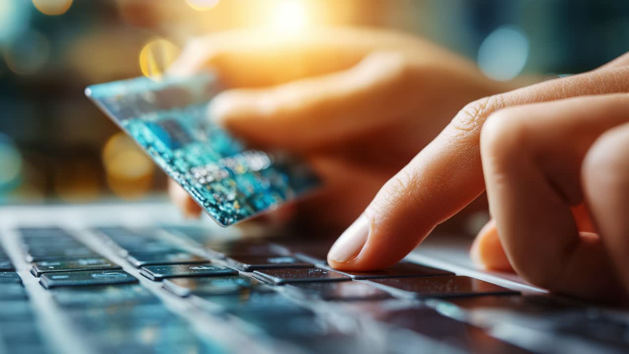 A close-up view of a hand holding a credit card while typing on a laptop keyboard, showcasing the modern act of online shopping and digital transactions in a brightly lit environment