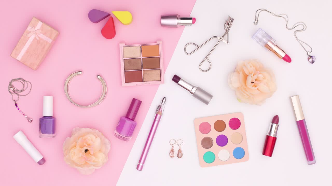 Make up and woman accessories appear on white pink theme. Stop motion
