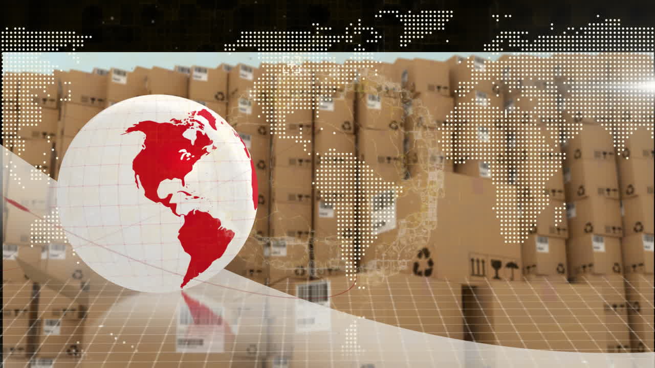 Globe and digital world map animation over stacked cardboard boxes background