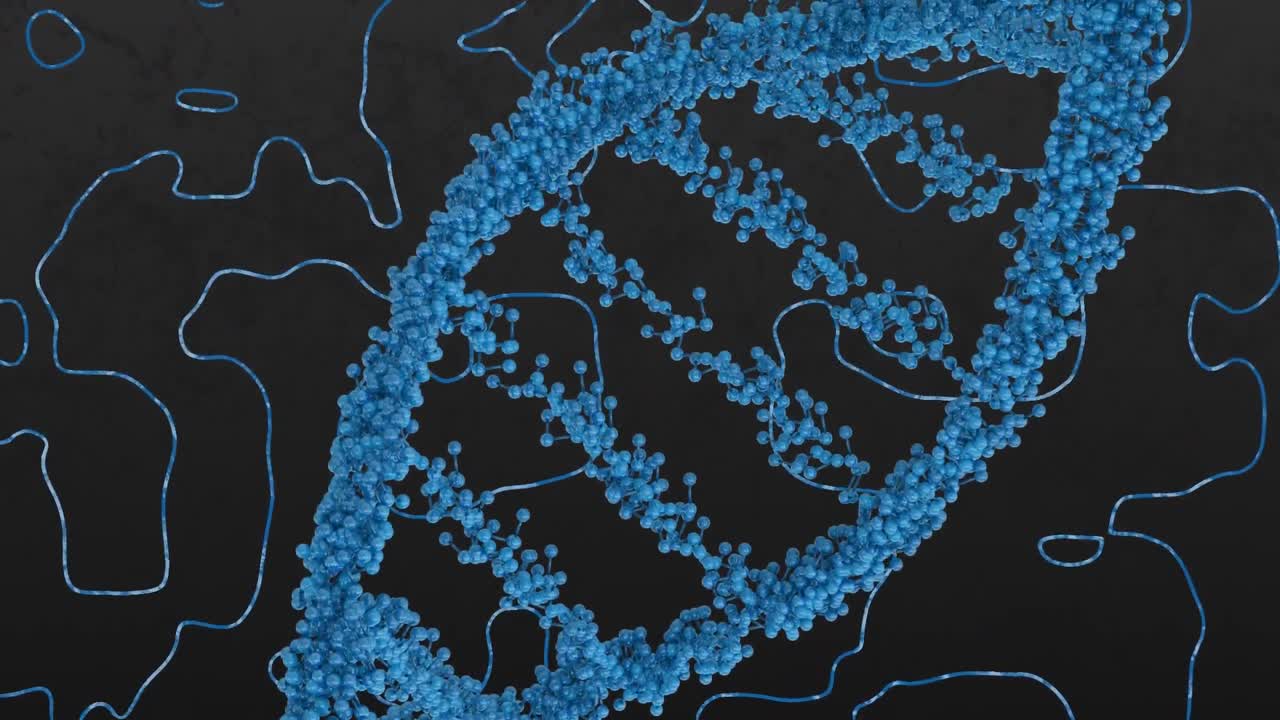Animation of macro of blue dna strand over blue map lines on black background