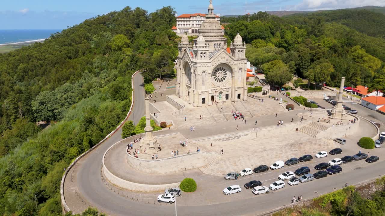 Aerial of Sanctuary of Sacred Heart in lush Portugal landscape
