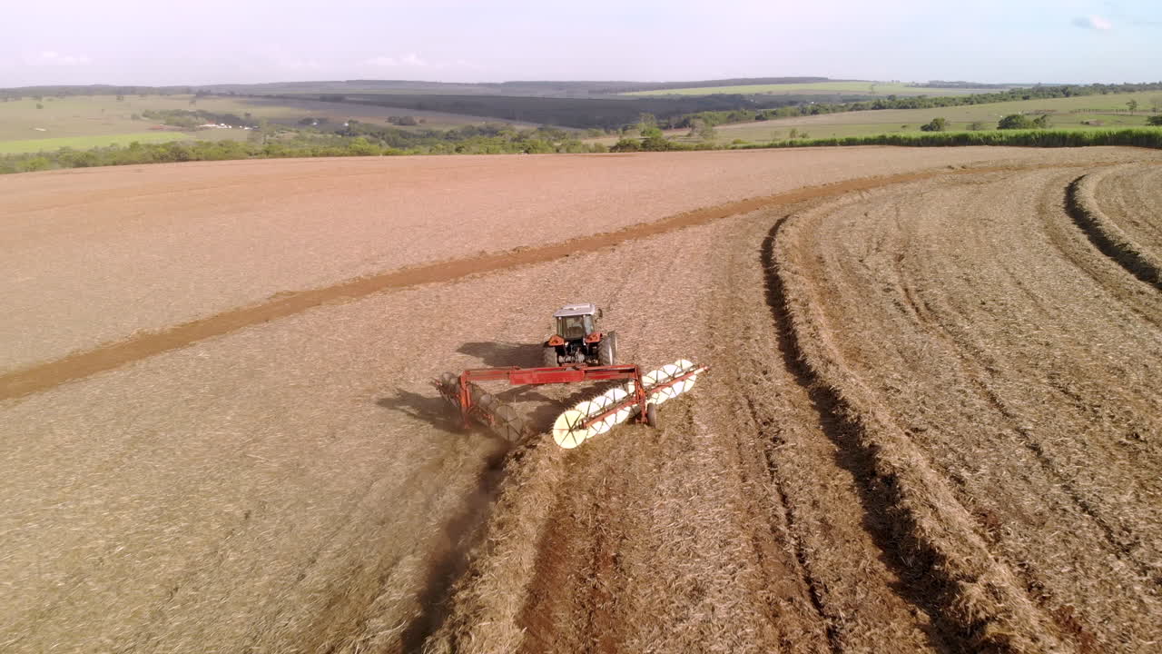 Tractor raking sugar cane straw in the field