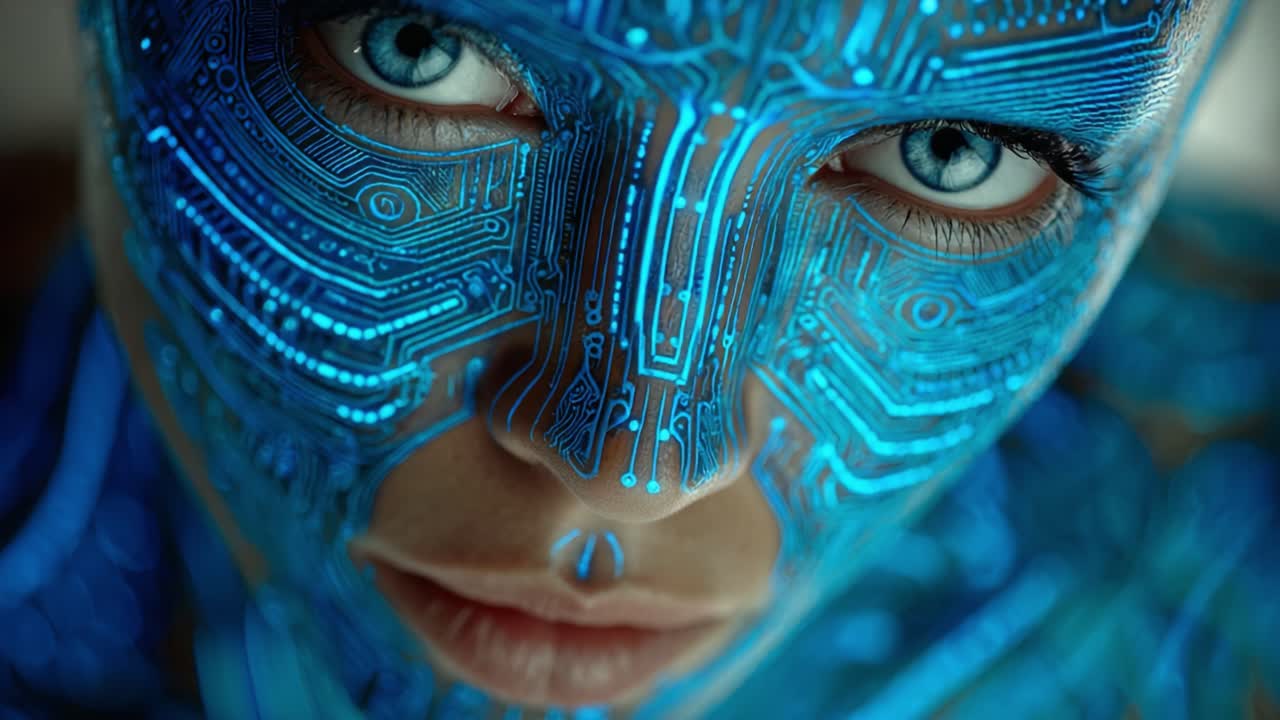 Exploring the Fusion of Humanity and Technology: A Close-Up on a Face Adorned with Complex Circuit Patterns in a Striking Blue Display