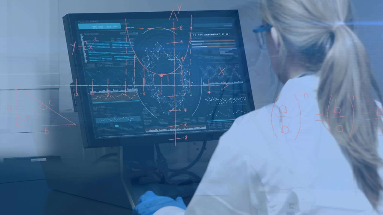 animación de ecuaciones matemáticas sobre una doctora caucásica