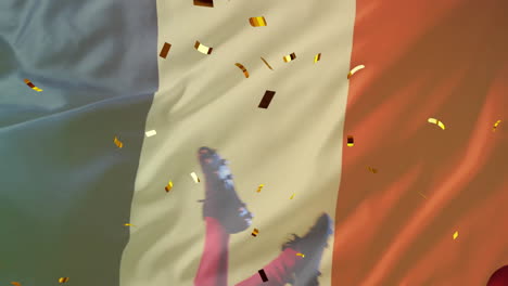 animation of confetti and flag of france over african american man playing rugby