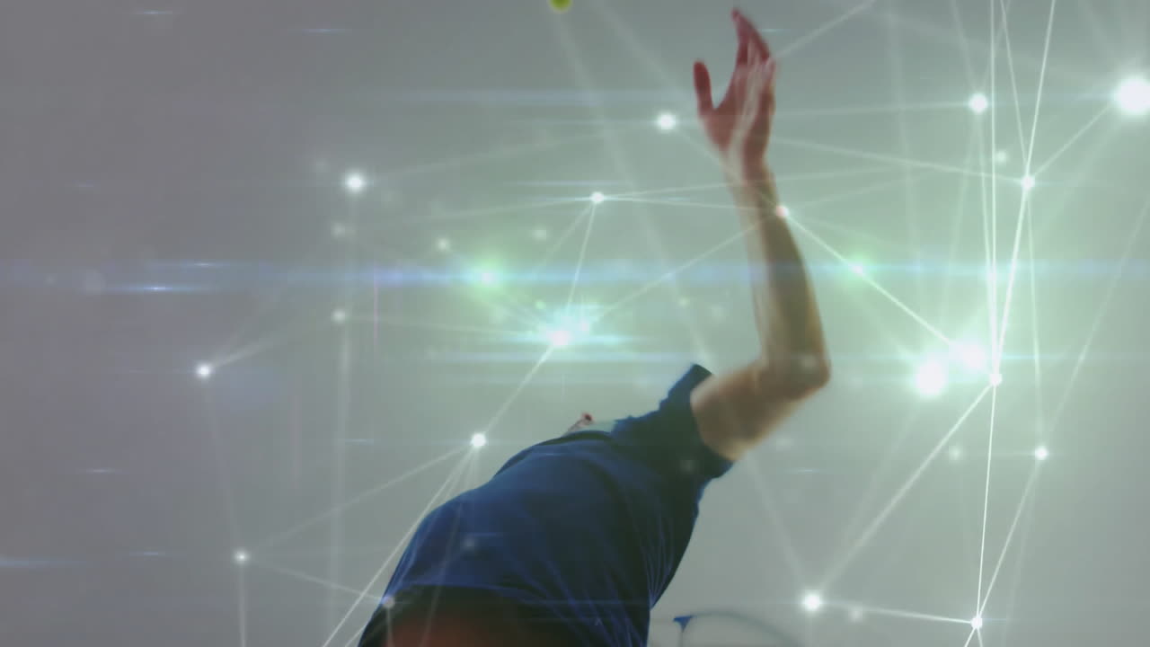 Man raising tennis racket indoors, showcasing glowing network lines and lens flares for tech theme