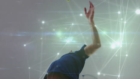 man raising tennis racket indoors, showcasing glowing network lines and lens flares for tech theme
