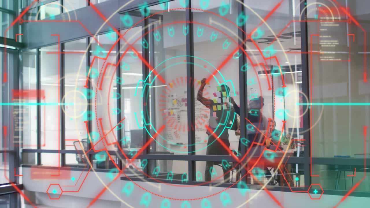 Animation of data processing over diverse business people in office