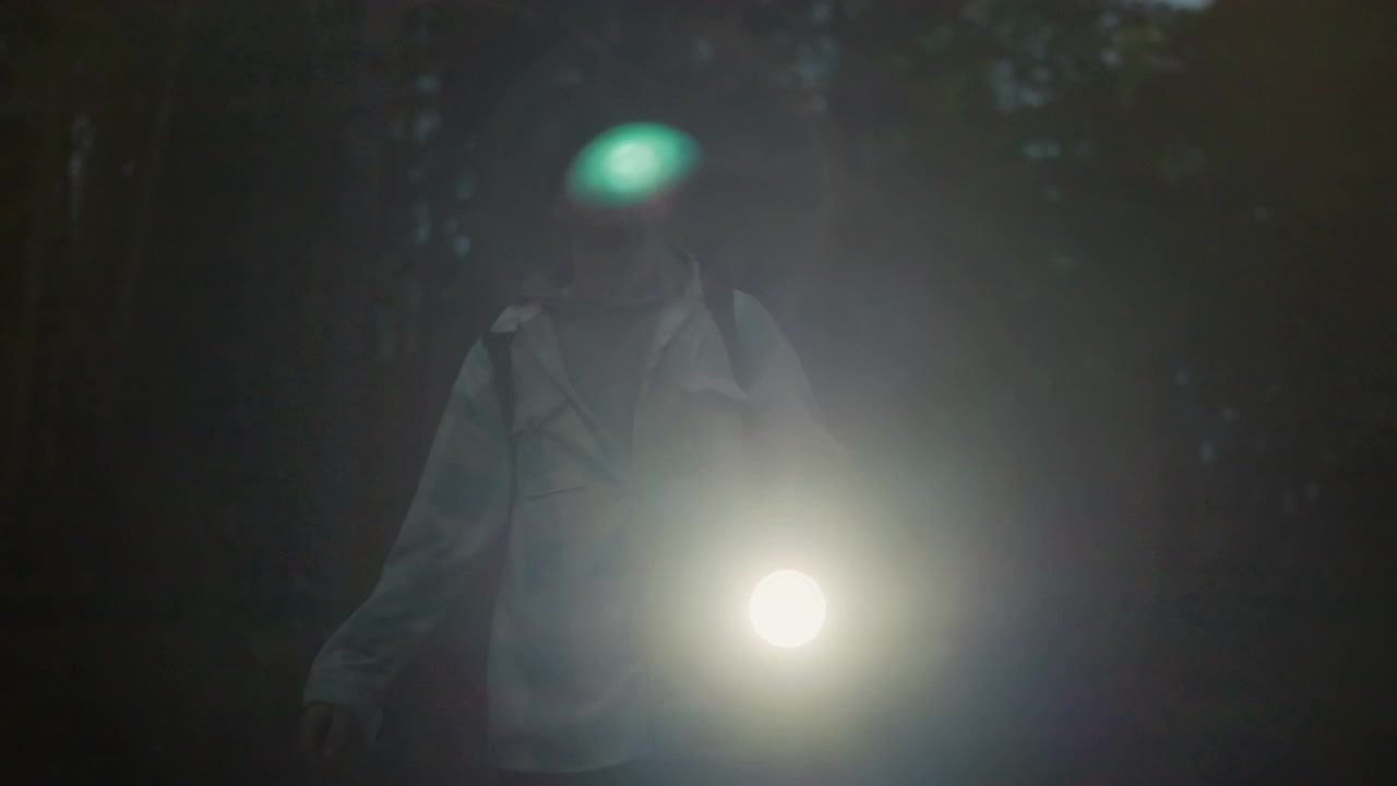 Hiker walks away from shadowed woods quietly, Individual leaves wooded darkness with determination and calmness, Backpacker proceeds through night from dense forest with steady resolve