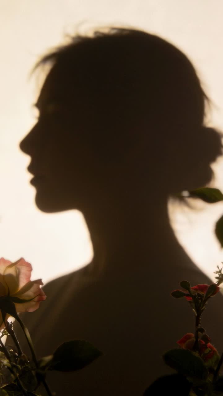 Video verticale: Controluce che si intensifica, donna che inclina la testa mettendo in risalto il profilo in studio, fiori.