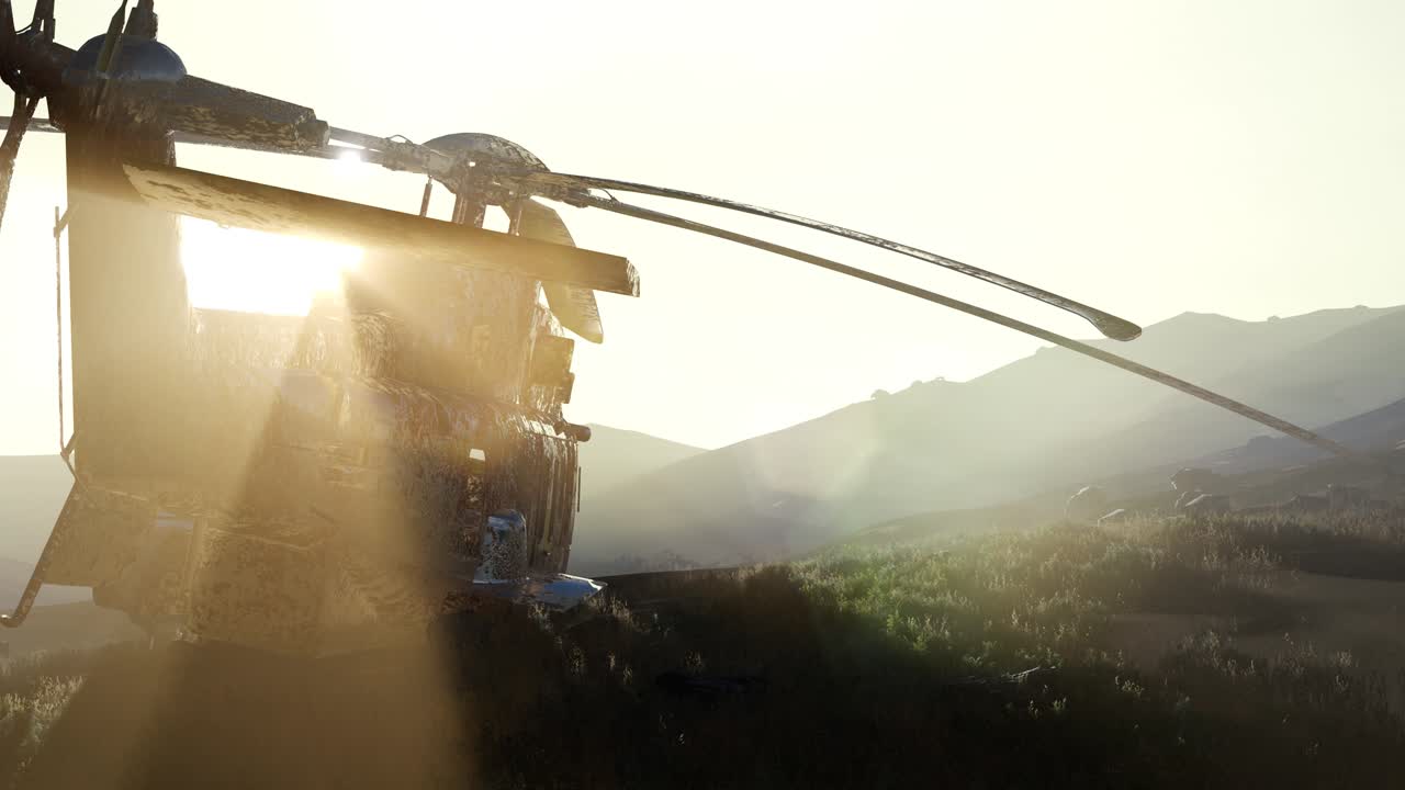 해가 지면서 사막에서  ⁇ 은 군용 헬리 ⁇ 터