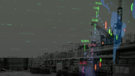 animación de la grúa en el sitio de construcción, mapa del mundo, procesamiento de datos financieros y estadísticas