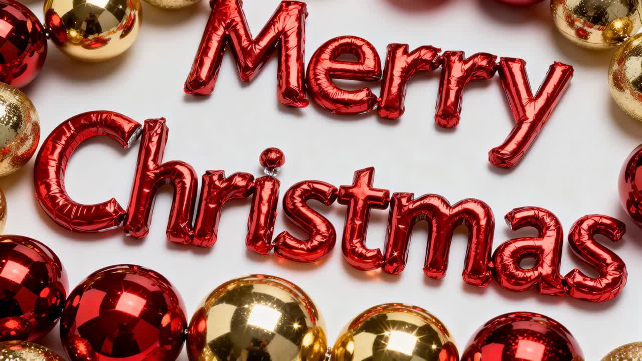 Panning camera bringing red foil Merry Christmas closer white sheet, focusing highlights on baubles