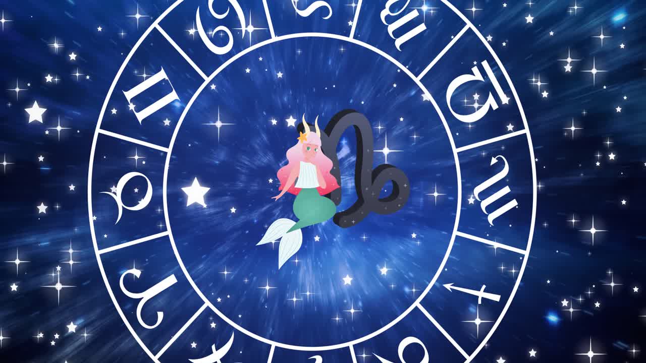 animación del signo estelar de virgo dentro de la rueda giratoria de los signos del zodiaco sobre las estrellas en el cielo azul