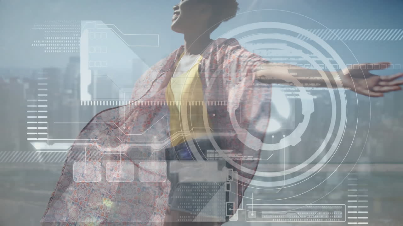 Digital interface overlaying futuristic elements, woman viewing city from rooftop