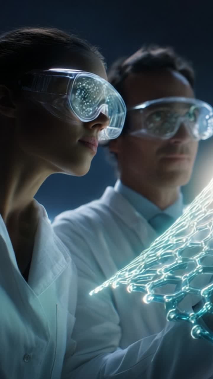 Científicos con equipo de protección analizando nanomaterial revolucionario con estructura de celosía futurista y propiedades bioluminiscentes, destacando innovaciones en tecnología.