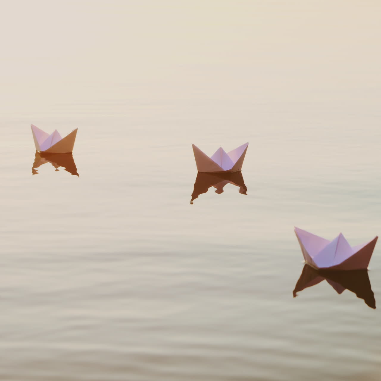 Three white paper ships floating in the river at sunset. Small childish paper boats swim in the lake with their reflection in the calm water.