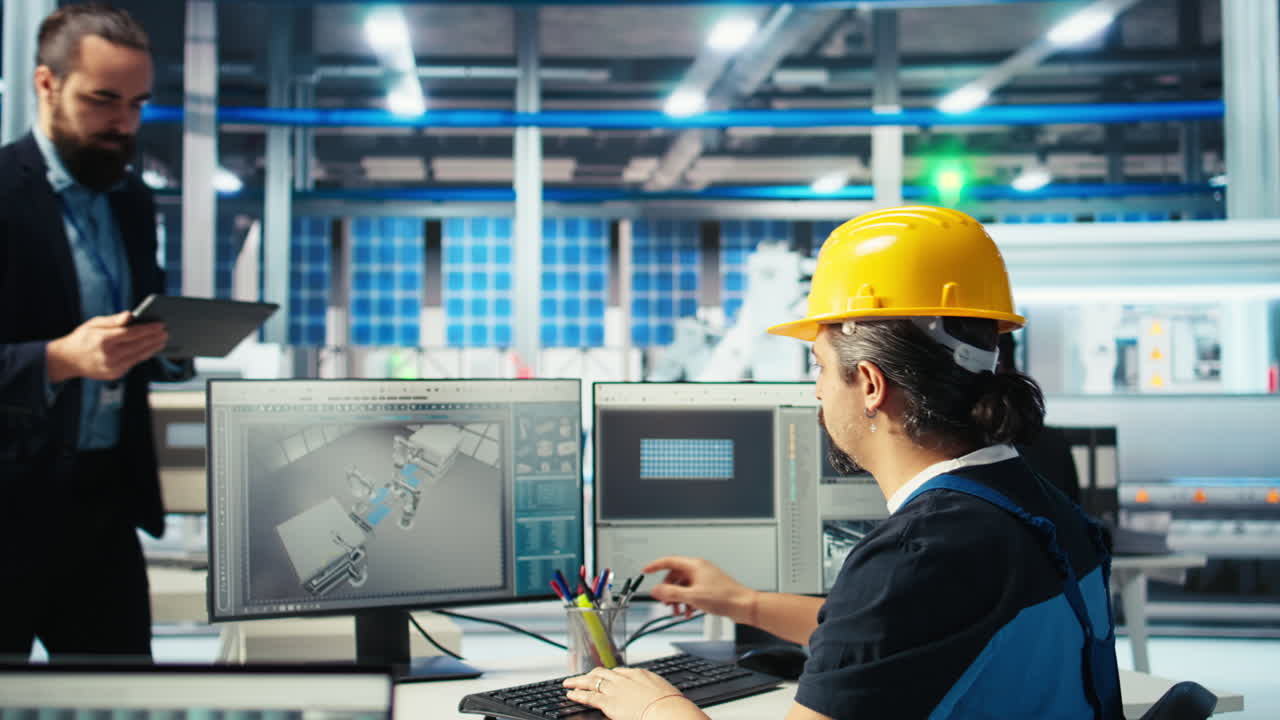 ingegnere di fabbrica fotovoltaica mostra al direttore i piani delle strutture nel software cad