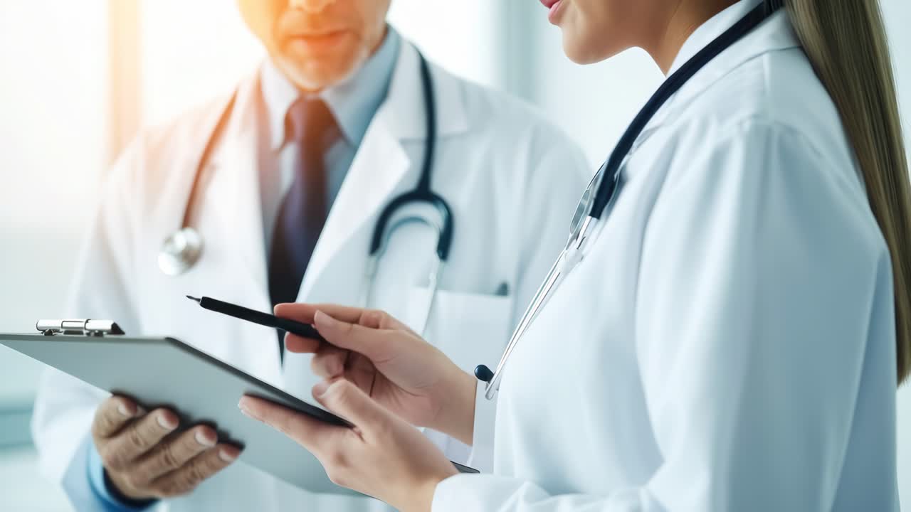 Zwei ÄrztInnen in weißen Kitteln besprechen Patientenakten. Die Aufnahme aus einem seitlichen Winkel vermittelt