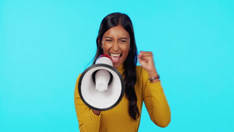 happy, megaphone and cheering with indian woman