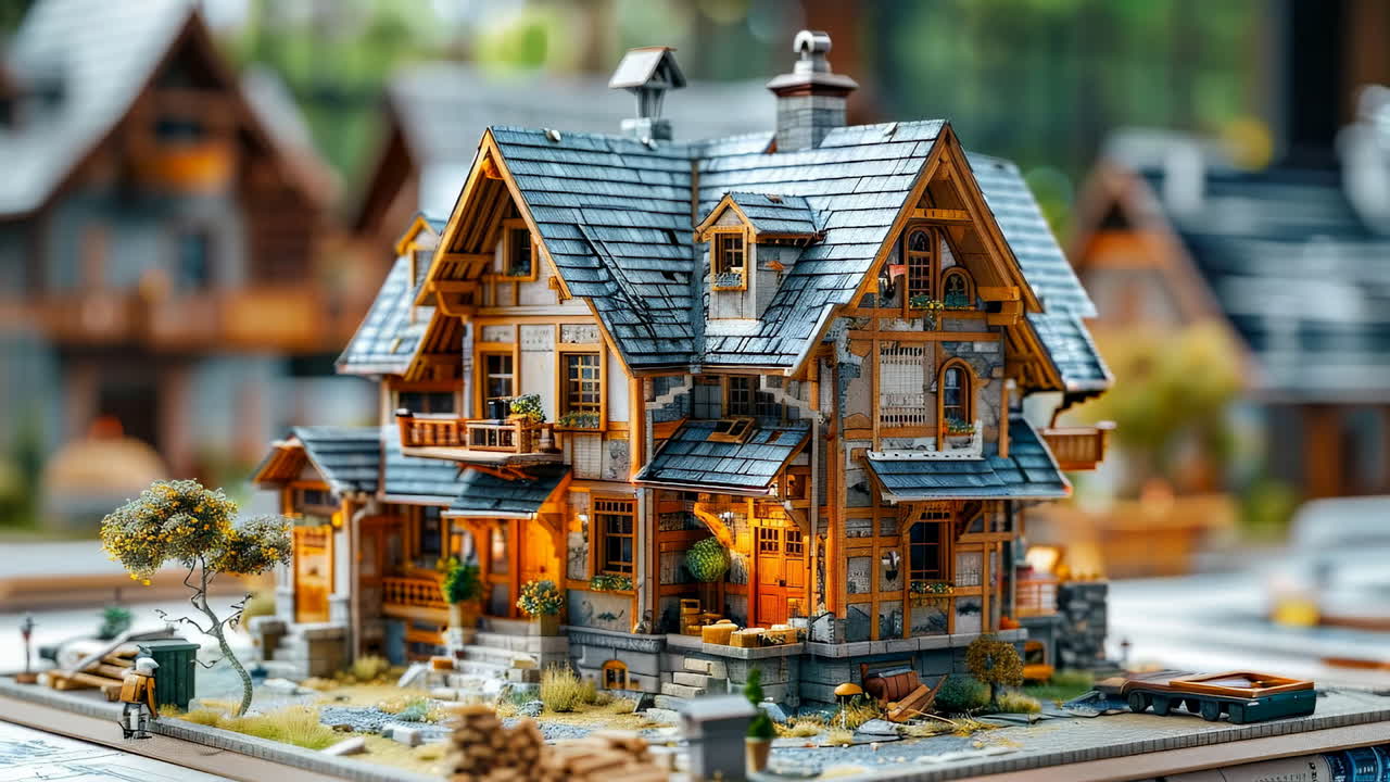 Detailed model of a cozy mountain lodge. A beautifully crafted model of a mountain lodge with unique architecture, set in a tranquil, outdoor display area