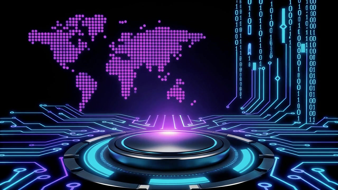 Animated Digital Podium with Circuit Board, World Map, and Binary Code