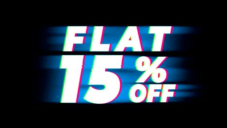 flat 15% percent off text vintage glitch effect promotion.