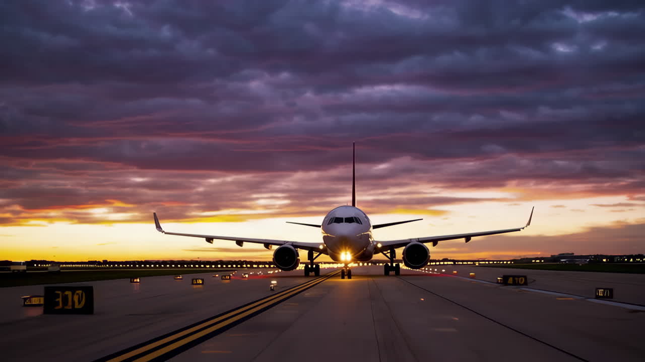 Airplane on Runway at Sunset