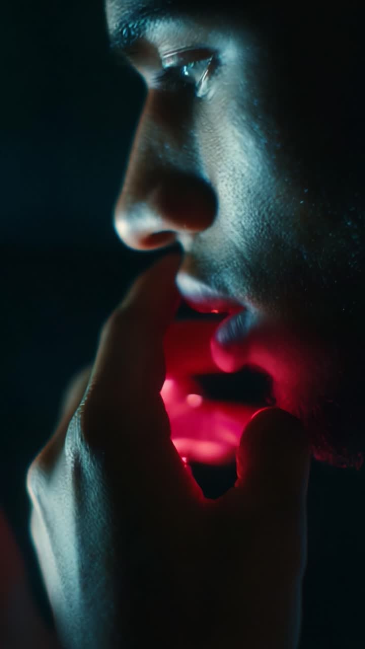 Uma exploração em close-up de uma pessoa com luz, capturando as nuances da emoção e reflexão humana através de expressões focadas e gestos iluminados em um ambiente escuro