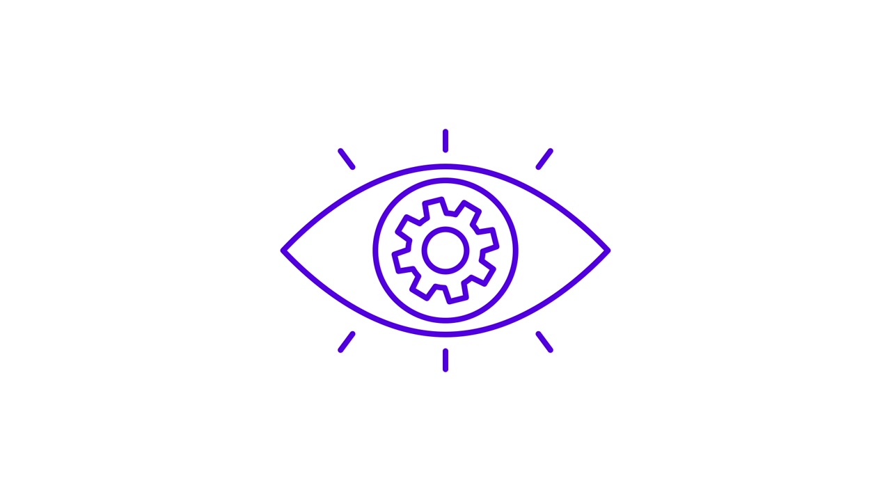 Animated Eye Icon with Gear and Glowing Rays on White Background