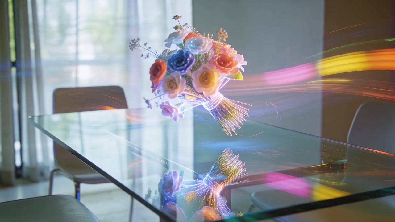 Floating bouquet rotating above glass dining table, window light driving streaks and falling petals