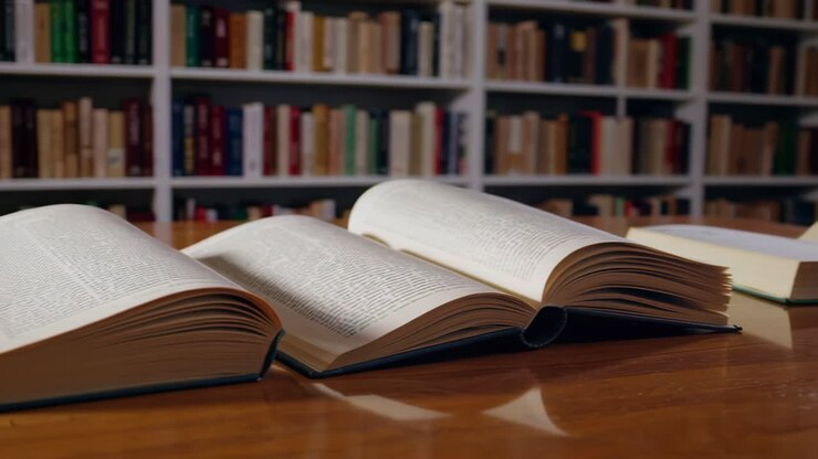 Libri Aperti su un Tavolo in una Biblioteca