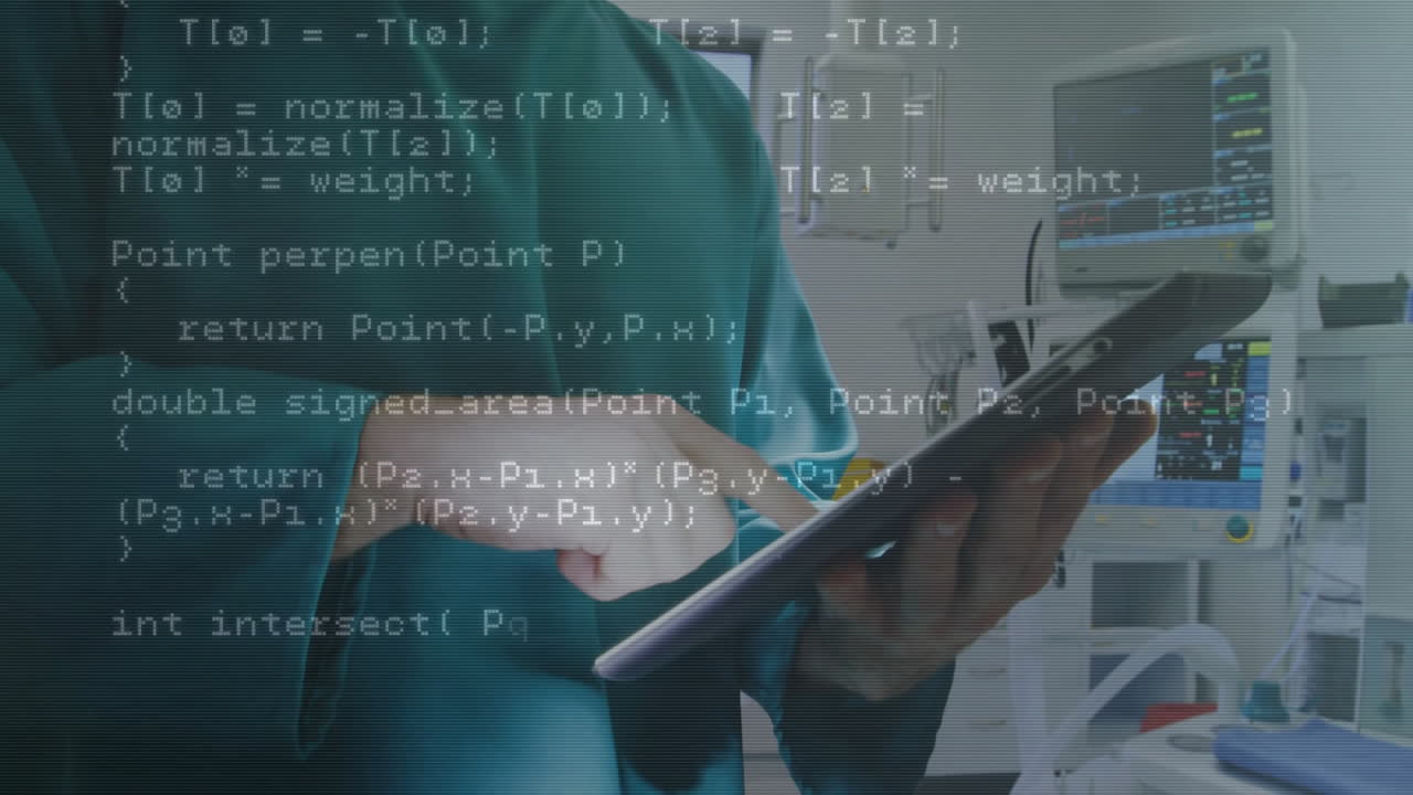 Programming code animation over hospital equipment, medical professional using tablet