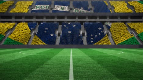 animation of brazilian flag on empty football pitch in sports stadium