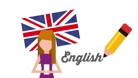 woman character with learn english animation