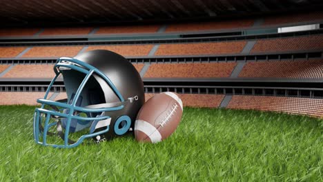 a football helmet and football on grass and stadium with copy space