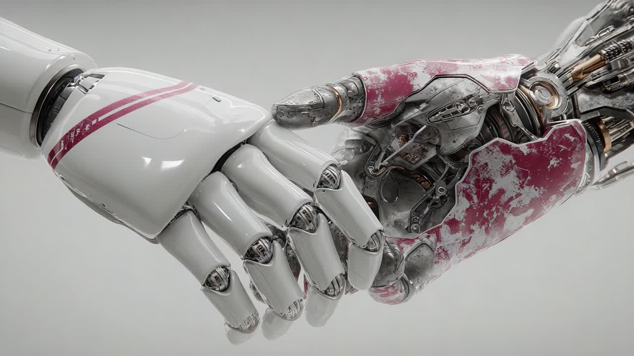 A Captivating Representation of Friendship: The Intricate Detail of a Human-Like Robot Hand Grasping a More Mechanical, Rustic Robot Hand in a Symbolic Gesture of Unity