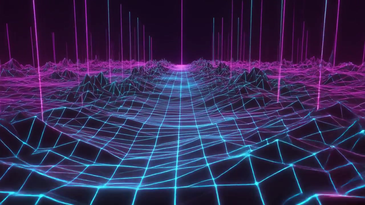 Retro Synthwave Digital Landscape with Glowing Neon Grid