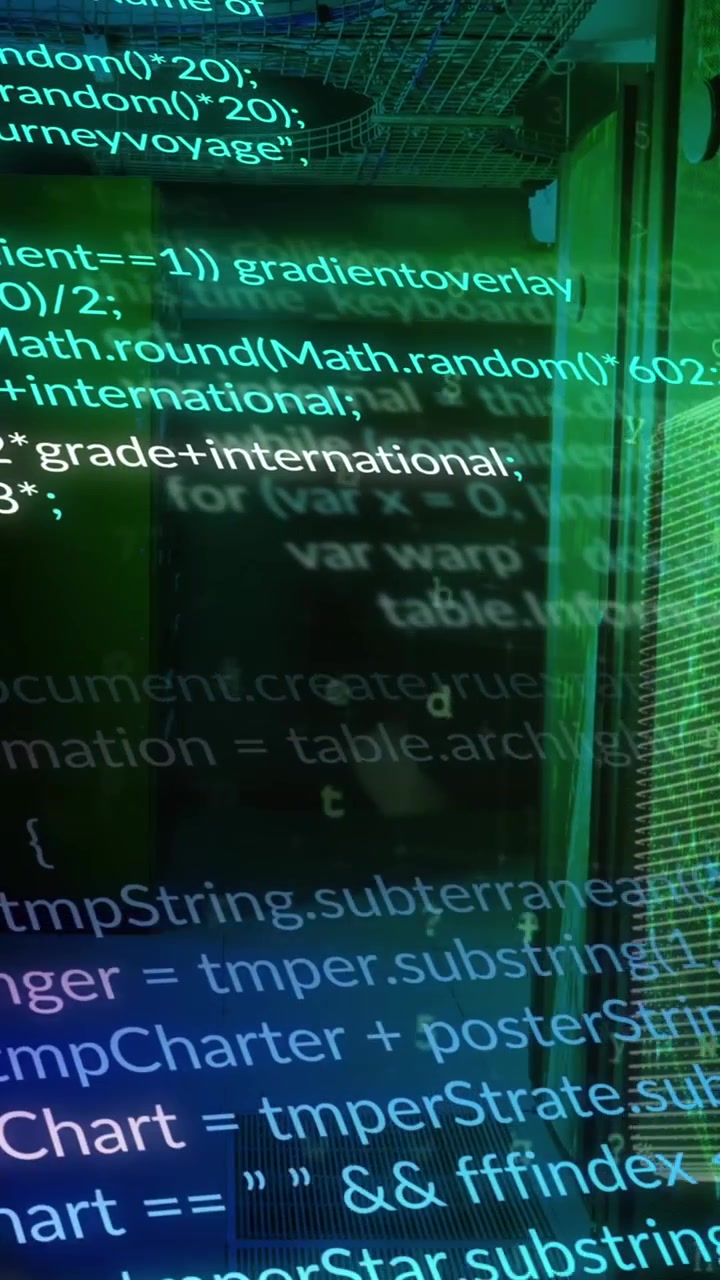 Animation of computer language, padlock, letters, numbers, symbols and numbers over server room