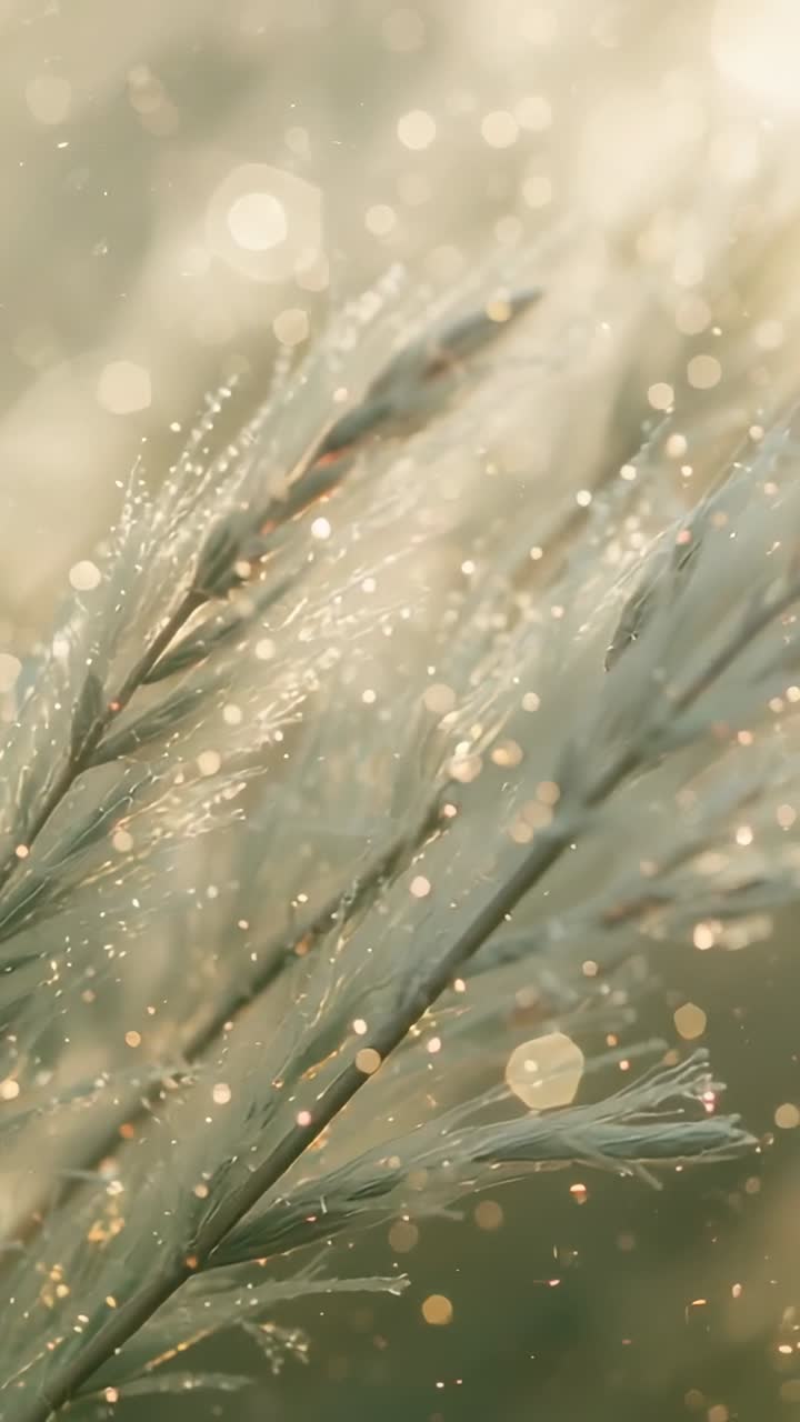 Vídeo vertical: Juncos cintilantes com filamentos delicados balançando com a brisa em um prado, capturando o bokeh do orvalho