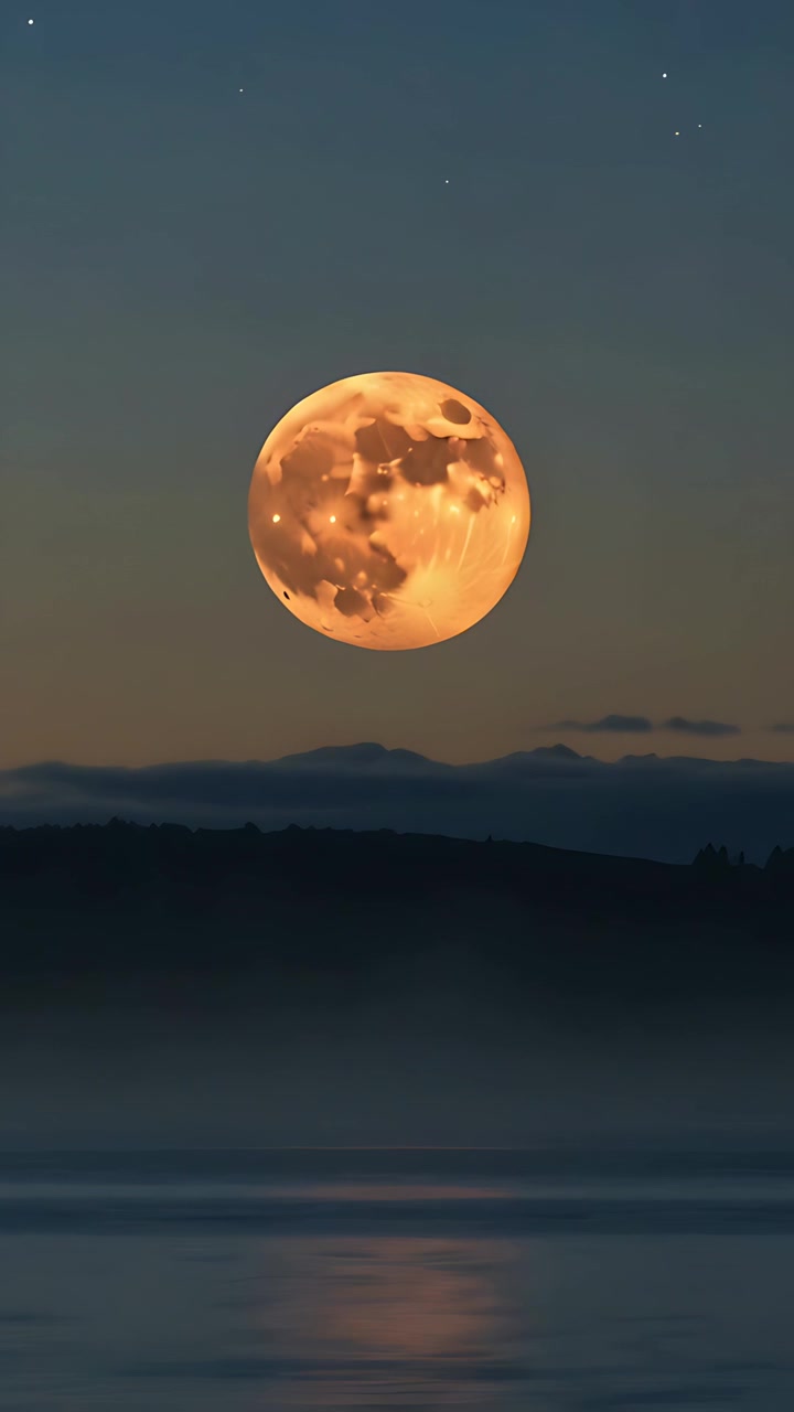 Vídeo vertical: Lua cheia laranja brilhante refletindo em água calma ao crepúsculo, com a neblina se intensificando.