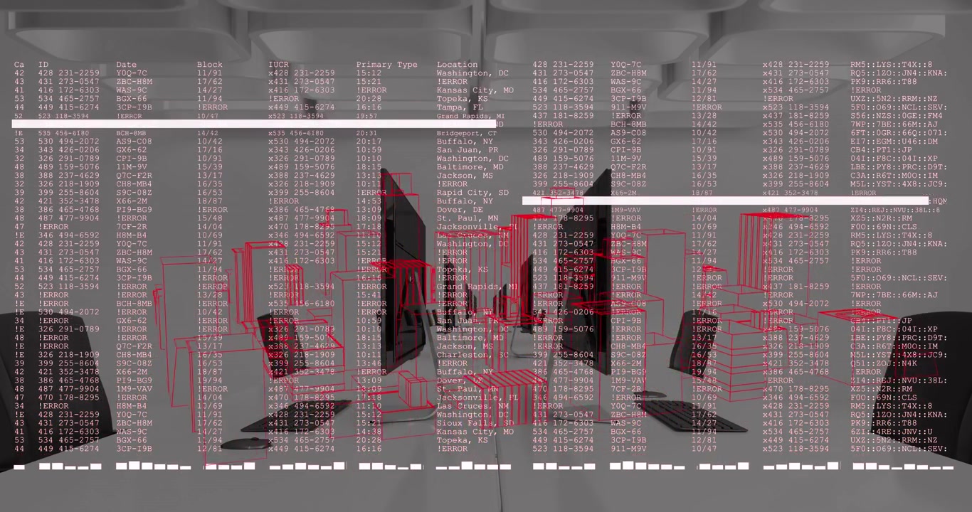 Animation af databehandling og 3D-roterende bymodel mod et tomt kontor.