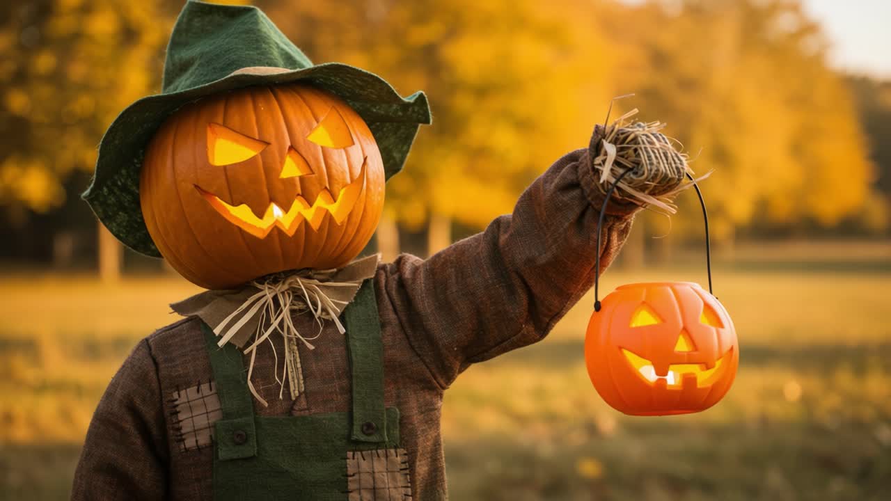 A Spooky Pumpkin Scarecrow Standing in the Autumn Field, Showcasing a Grinning Jack-o'-Lantern and Eerie Glow Against a Backdrop of Fall Foliage