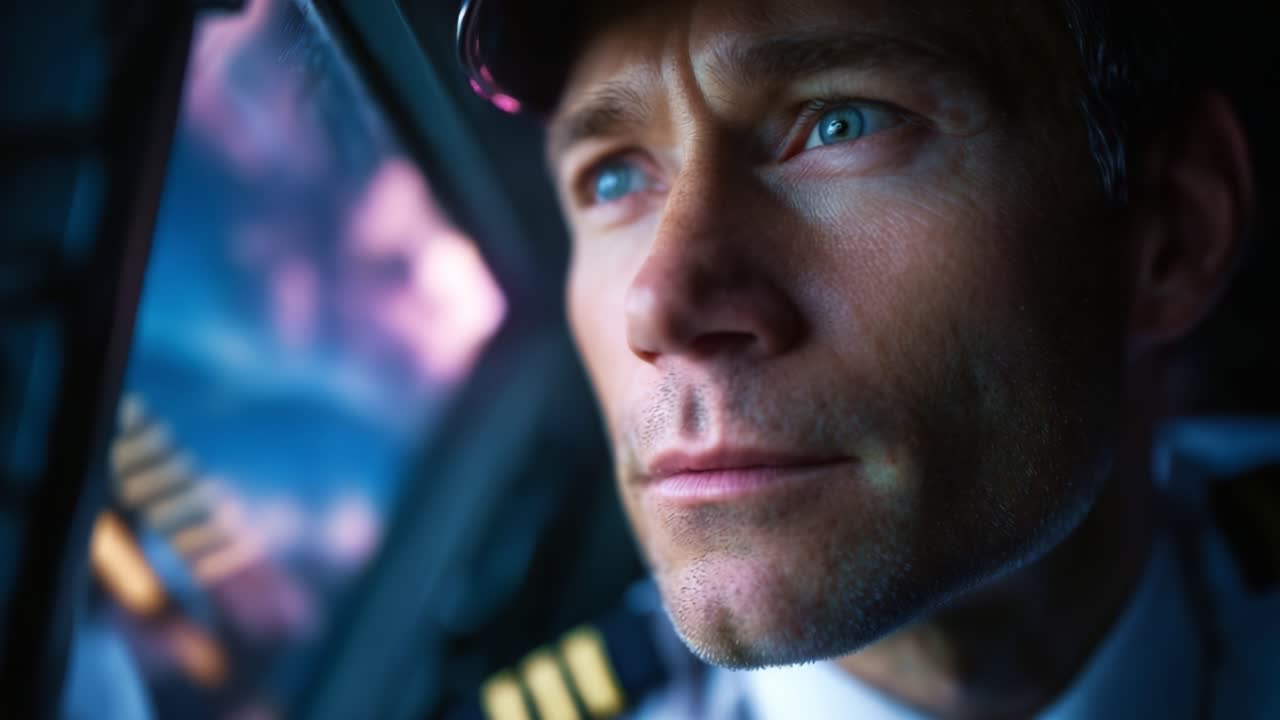 A Focused Pilot Observing the Skies: Captured Moments of Determination and Concentration in Aviation, Showcasing the Essence of Flying and Leadership
