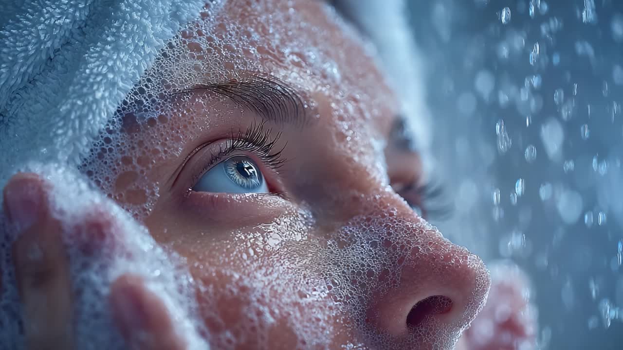 A Captivating Portrait of Cleansing and Refreshing Experience: Close-Up of a Person's Face Covered in Soap Bubbles Under Water Radiance